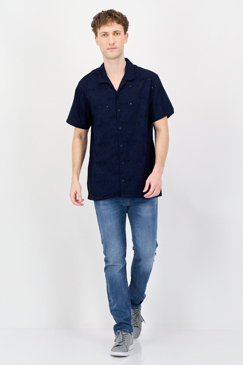 Threadbare Men Regular Fit Embroidered Short Sleeve Casual Shirt, Navy Blue - Image 3